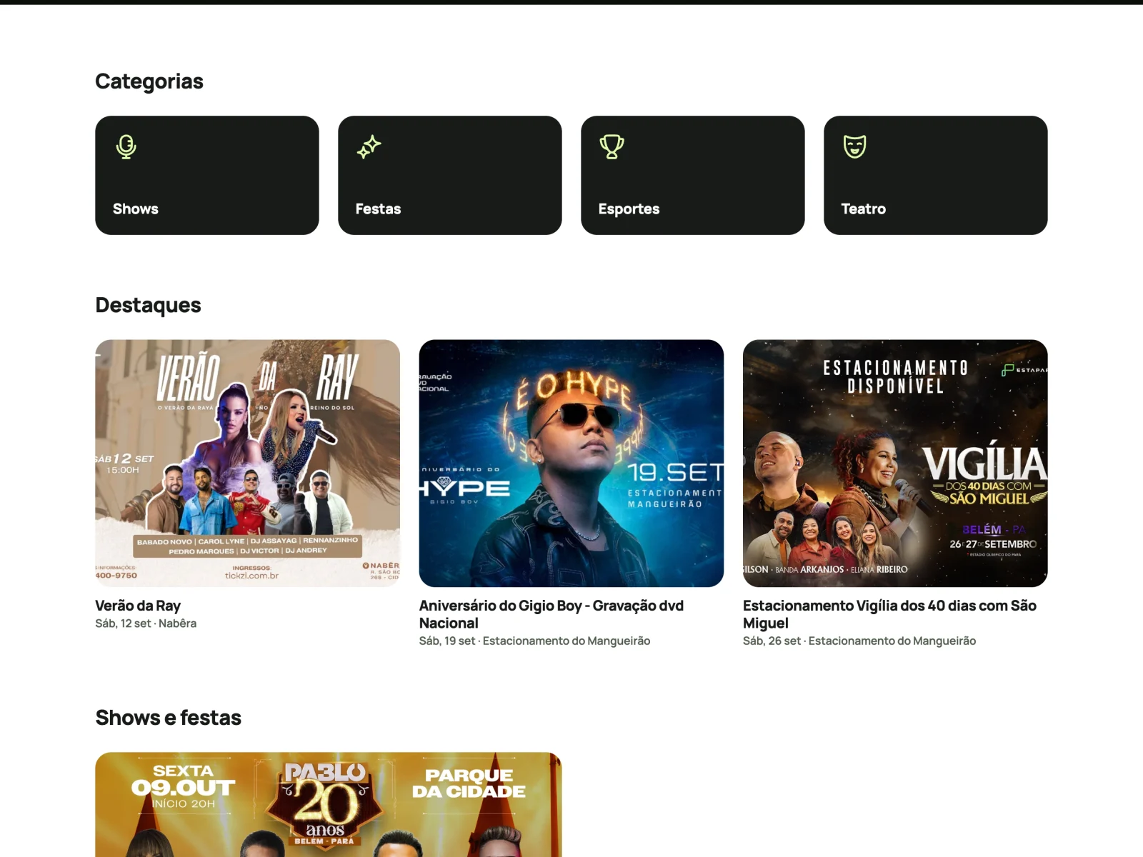 Categories and event listings on Tickzi