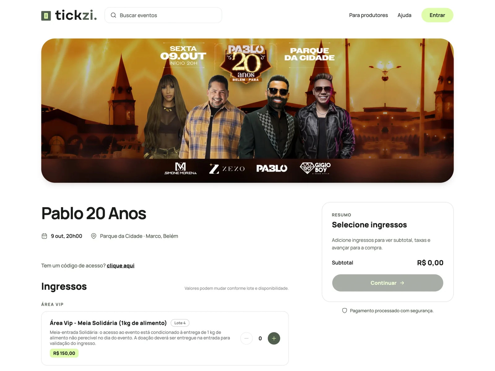 Event page and ticket selection on Tickzi