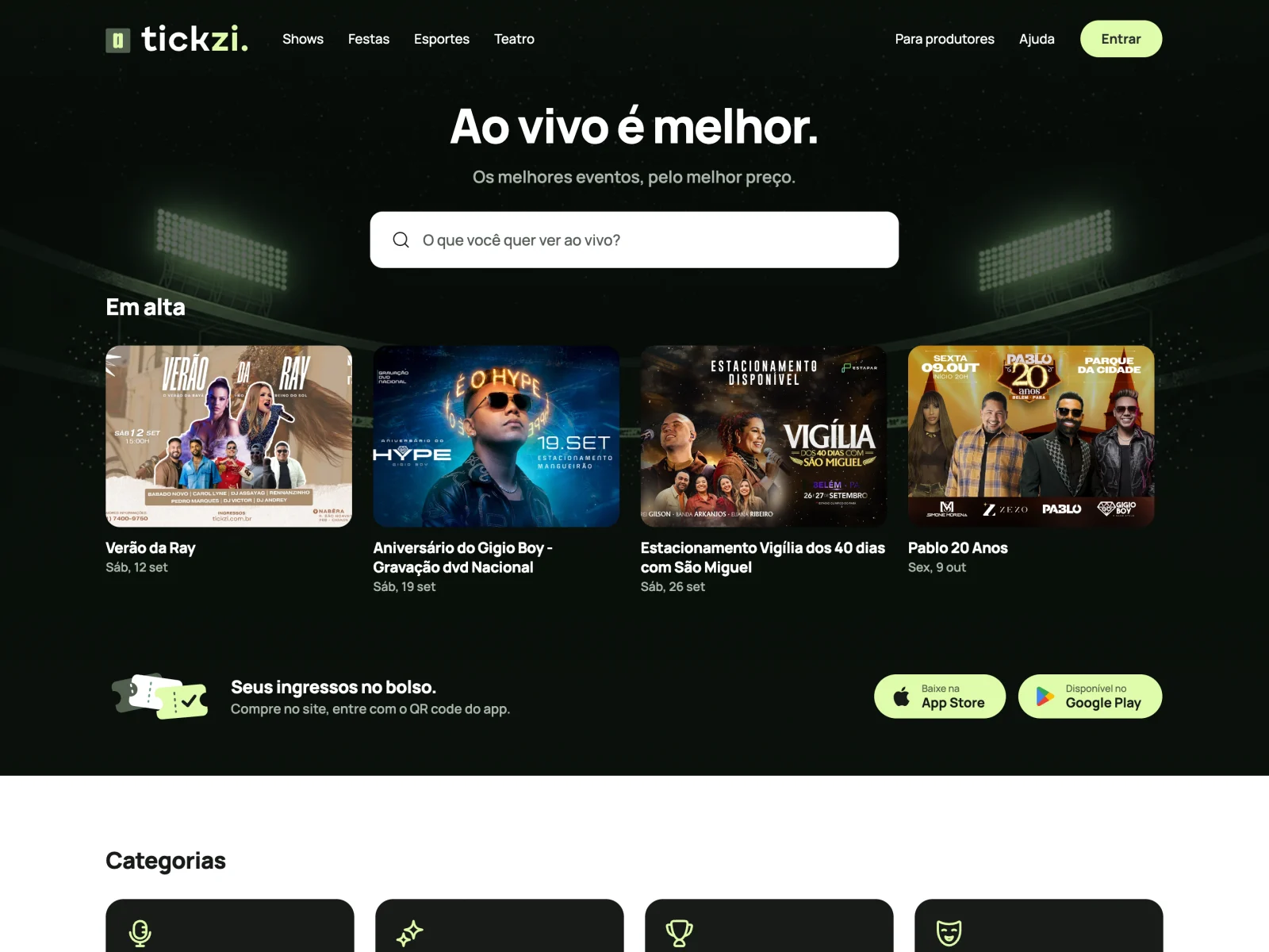 Tickzi homepage with search and featured events